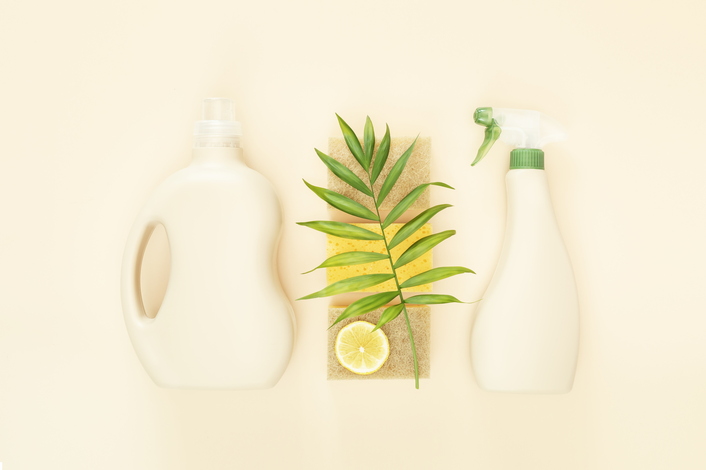 A Bottles of Natural Detergent for the Home, Sponges and Slice of Lemon